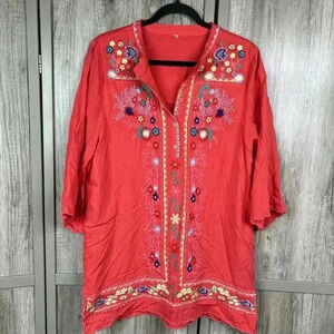 Coruja Embroidered Top Tunic Red Color 3/4 Sleeves Popover Scalloped Hem Sz M